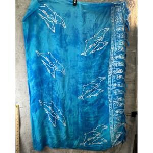 I.G. Sport Blue Dolphin Tie Dye Rayon Sarong Wrap Tassel Fringe One Size Boho